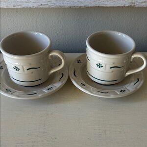 Longaberger Cream and Green Mug Set with Saucers